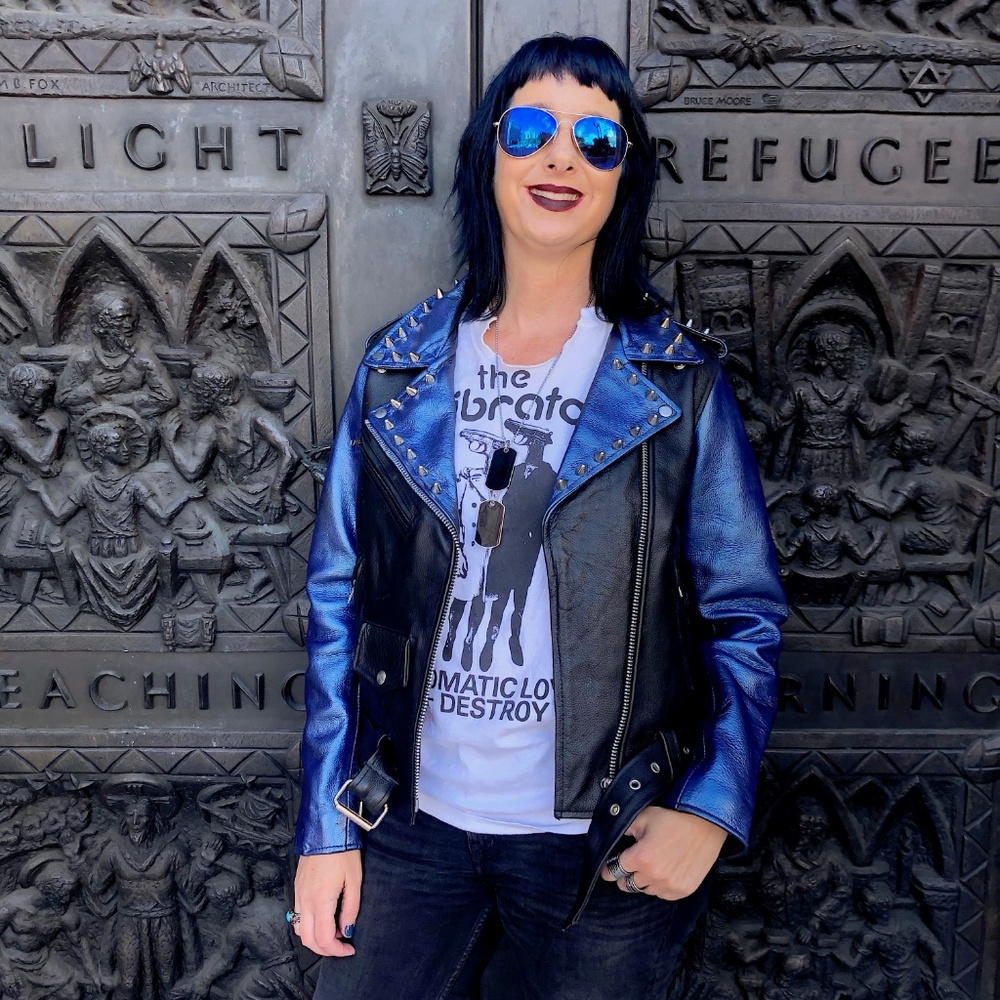 Metallic Blue Studded Jacket, New, Size M